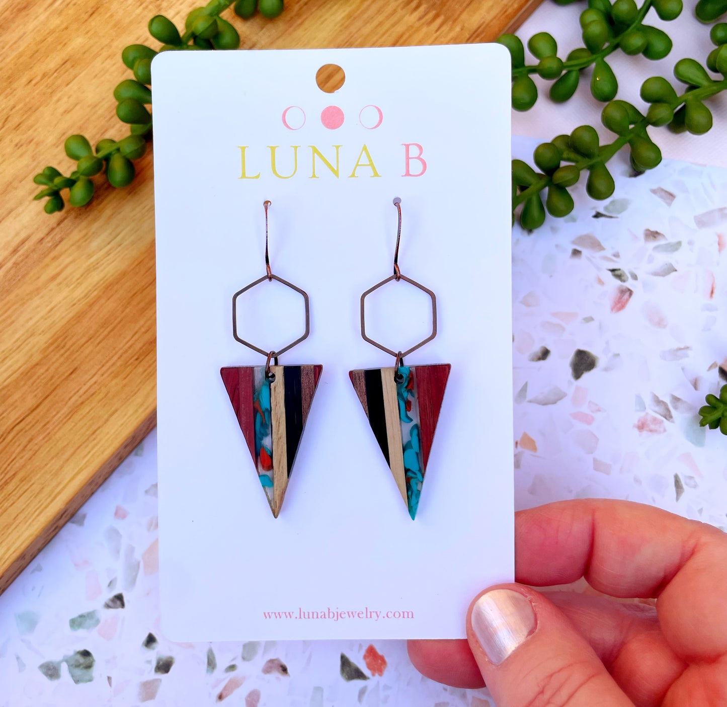 Red + Turquoise Wooden Striped Triangle Earrings