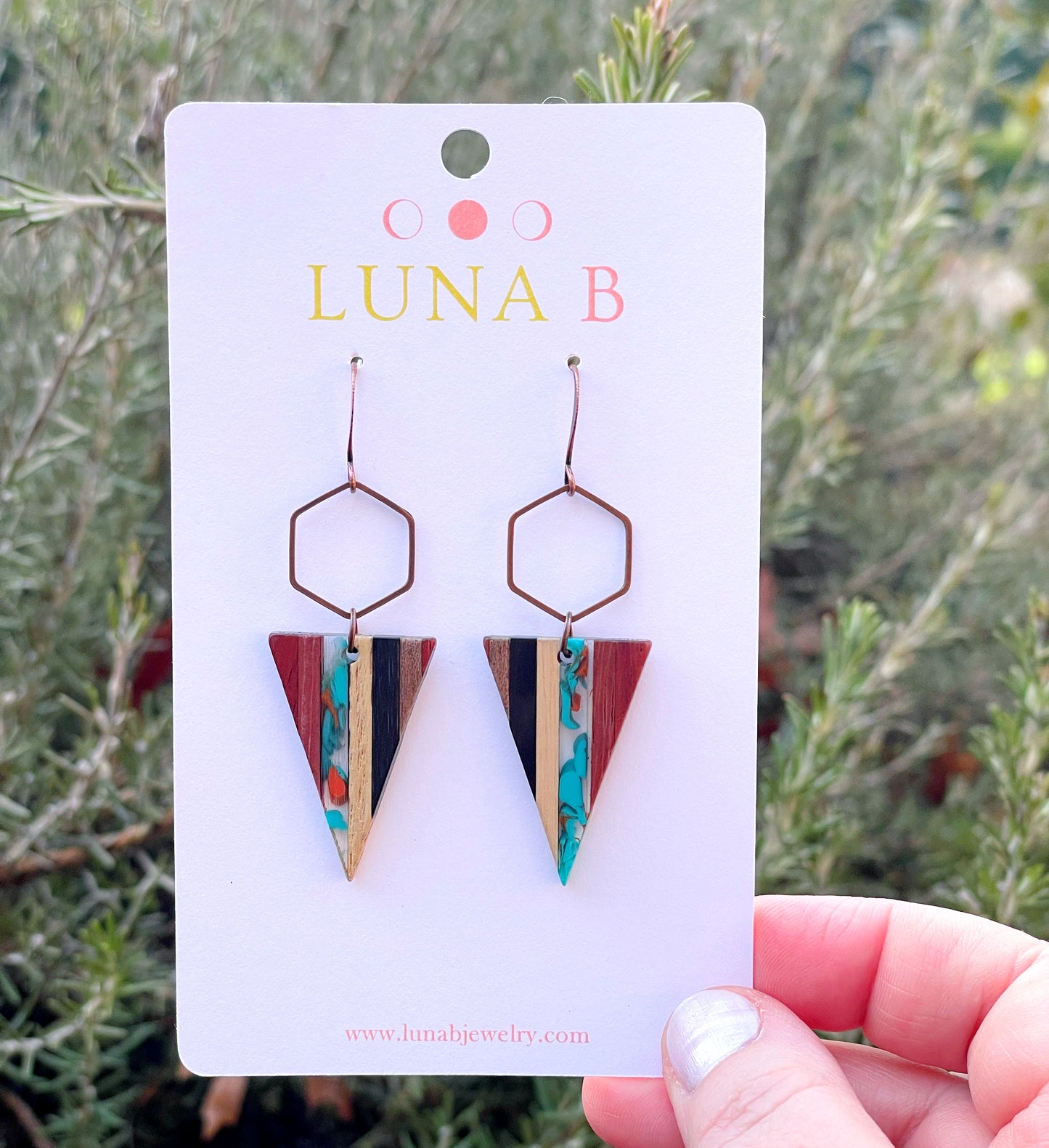 Red + Turquoise Wooden Striped Triangle Earrings