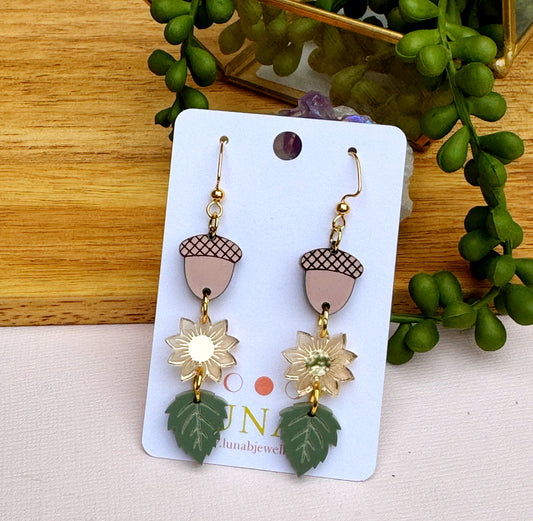 Fall Trio Earrings, Acorn, Sunflower, Leaves