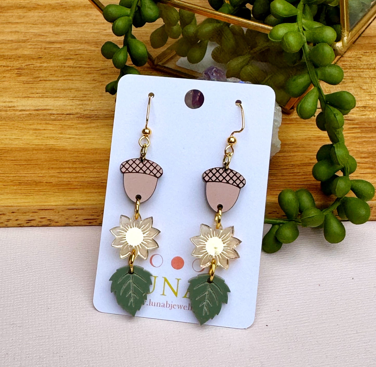 Fall Trio Earrings, Acorn, Sunflower, Leaves