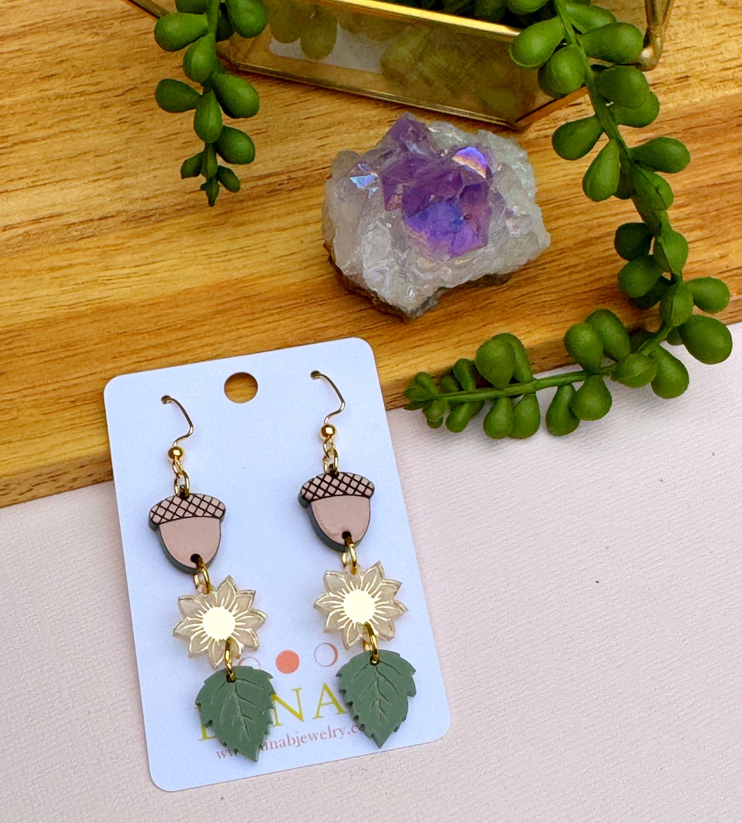 Fall Trio Earrings, Acorn, Sunflower, Leaves