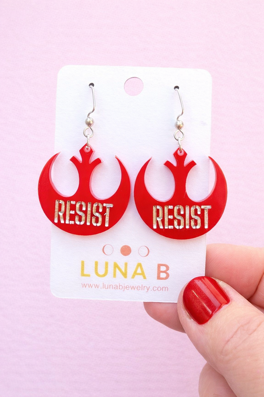 RESIST Rebel Earrings + Pin – Rebel Alliance Protest Jewelry | Red Acrylic Statement Earrings | Feminist Resistance Gift
