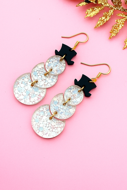 Snowman Earrings – Glittery Acrylic Dangles with Black Top Hats | Luna B Jewelry