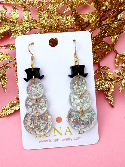 Snowman Earrings – Glittery Acrylic Dangles with Black Top Hats | Luna B Jewelry