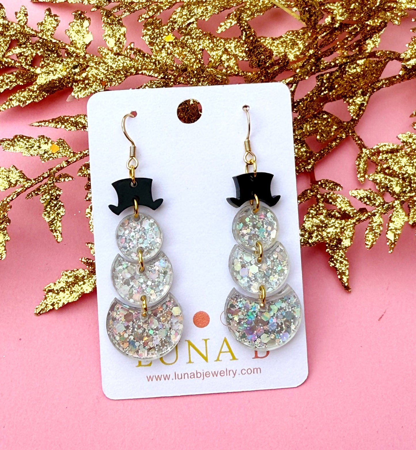 Snowman Earrings – Glittery Acrylic Dangles with Black Top Hats | Luna B Jewelry