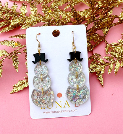 Snowman Earrings – Glittery Acrylic Dangles with Black Top Hats | Luna B Jewelry