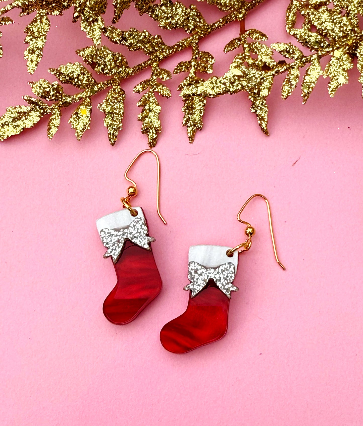 Christmas Stocking Earrings – Red Acrylic Dangles with Silver Glitter Bows | Luna B Jewelry