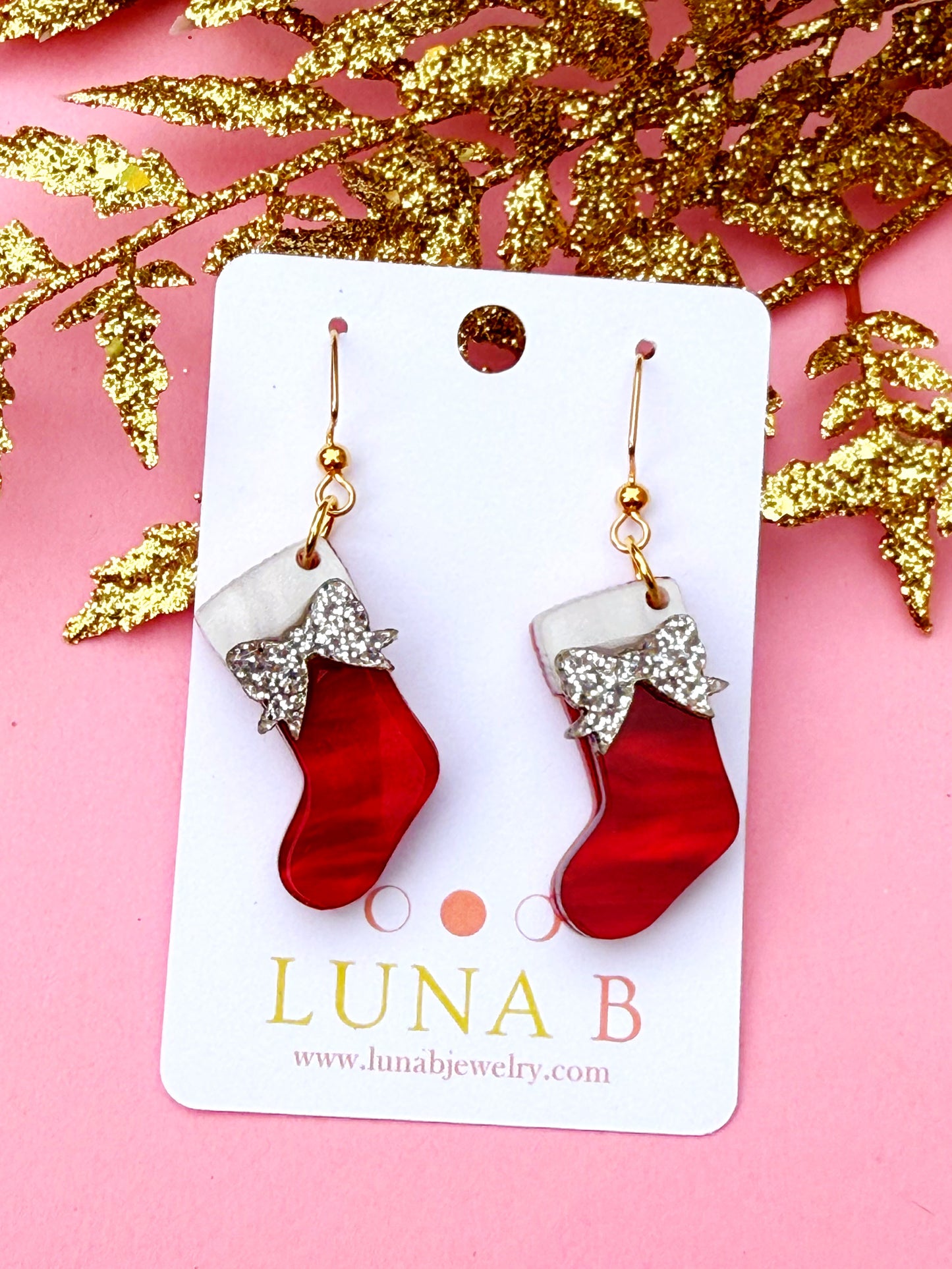 Christmas Stocking Earrings – Red Acrylic Dangles with Silver Glitter Bows | Luna B Jewelry