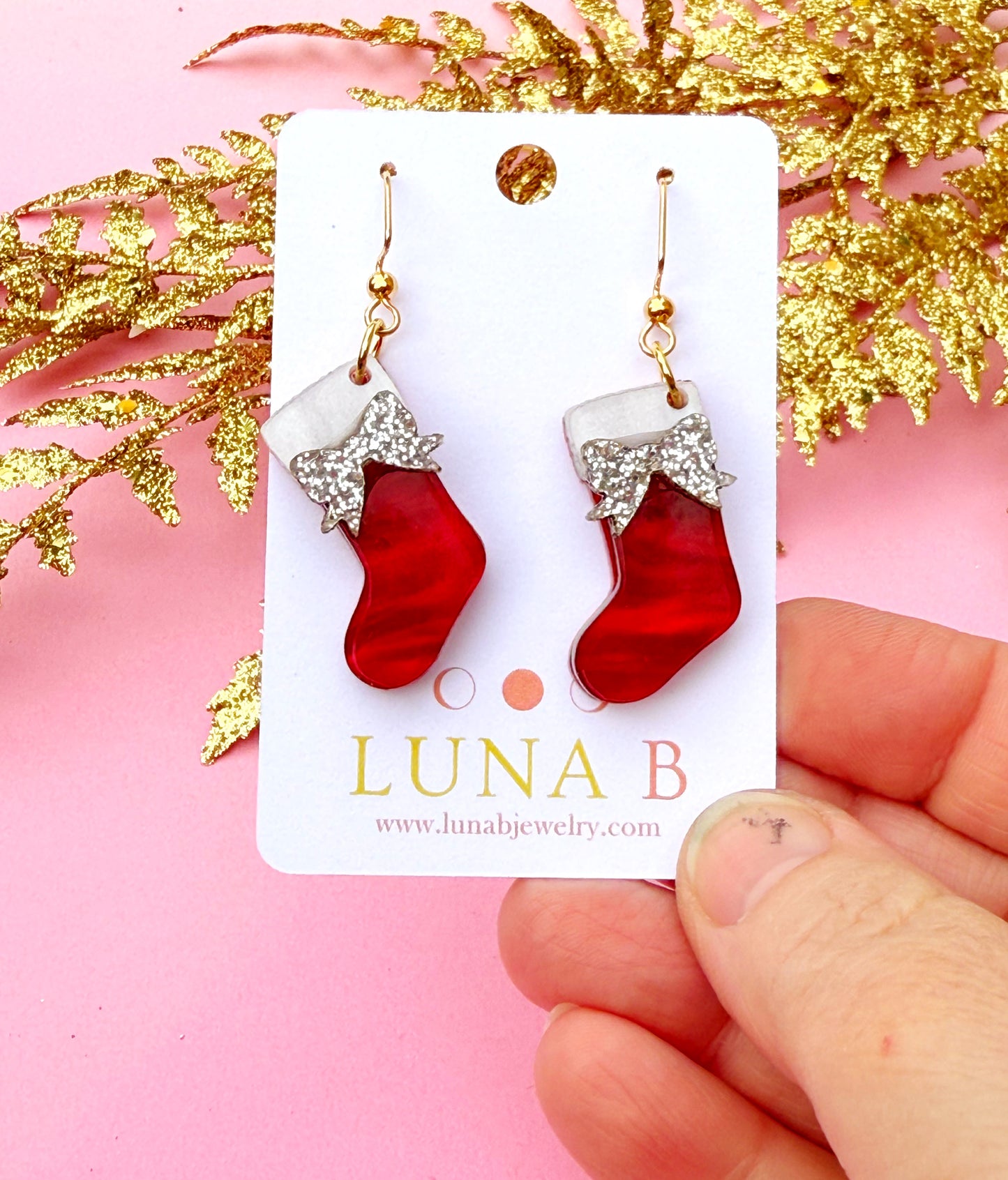 Christmas Stocking Earrings – Red Acrylic Dangles with Silver Glitter Bows | Luna B Jewelry