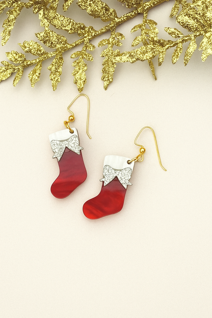Christmas Stocking Earrings – Red Acrylic Dangles with Silver Glitter Bows | Luna B Jewelry