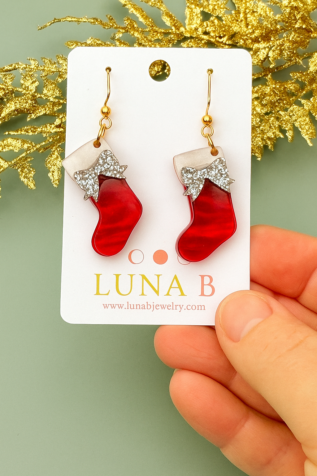 Christmas Stocking Earrings – Red Acrylic Dangles with Silver Glitter Bows | Luna B Jewelry