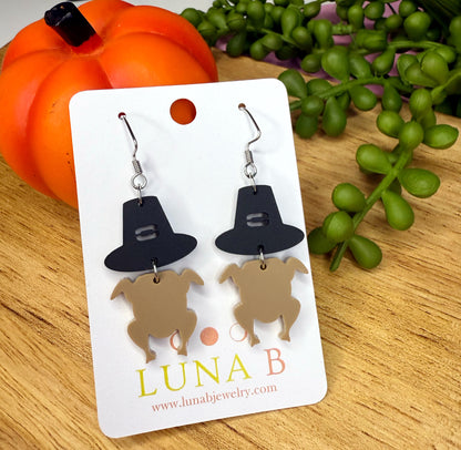 Pilgrim Turkey Earrings – Acrylic Thanksgiving Dangles