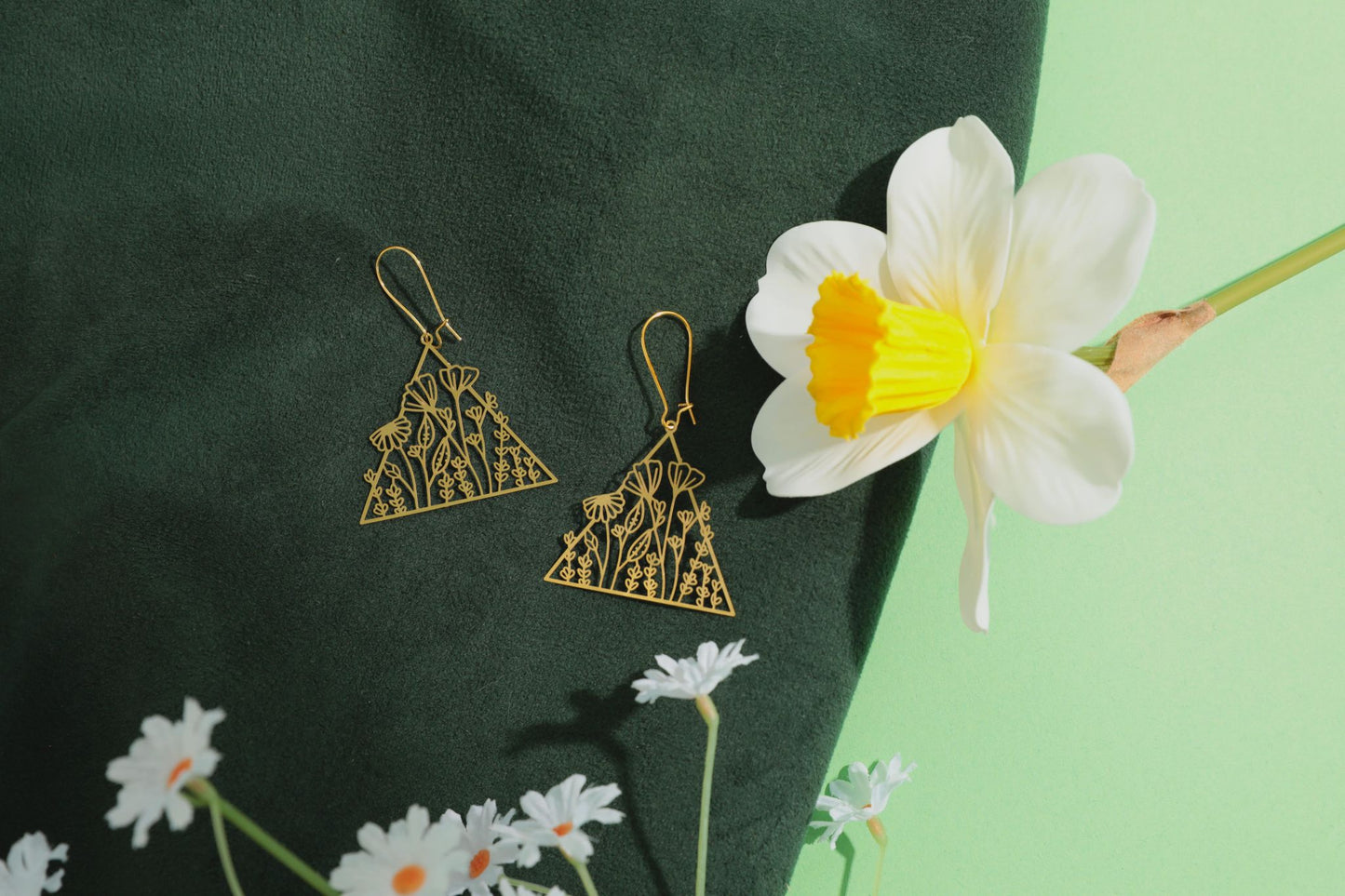 Floral Triangle Brass Earrings
